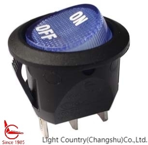 Inverseur à rappel de lampe, RC, rond, LED bleue, imprimée MARCHE-ARRÊT, 3 terminaux, 15A 125V.